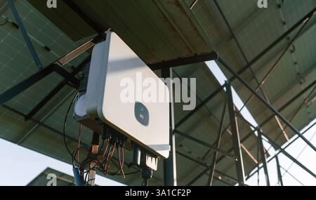 Close up view of the control panel of solar batteries. Stock Photo