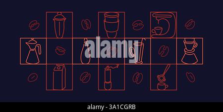 Coffee mosaic pattern. Abstract line geometric design. Sketch illustration for food package, menu. Vector vintage composition of espresso, americano, Stock Vector