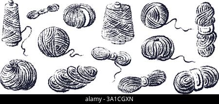 Ball of yarn. Round skein of knitting. Hand drawn in chalk on white background. Crafting hobby. Merino for knit needles, cotton for crochet, linen, wo Stock Vector