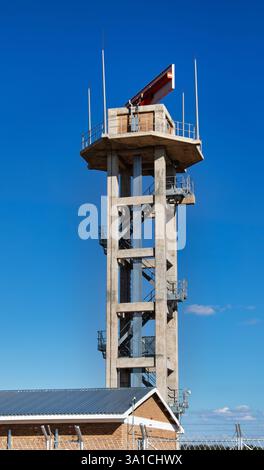military radar tower against the blue sky, terrestrial building Stock ...