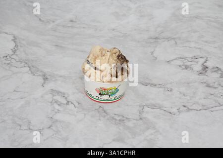 A scoop of ice cream in a white paper cup. The ice cream is vanilla and has a brown swirl Stock Photo