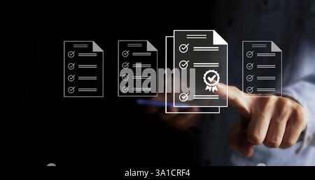 Concept of electronically checking smart items and documents on a virtual screen. Businessman checks electronic documents Borderless communication tec Stock Photo
