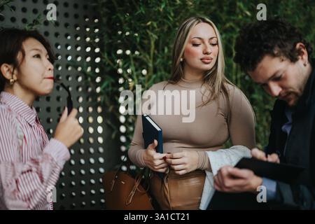 Diverse business team collaborating in an outdoor meeting Stock Photo