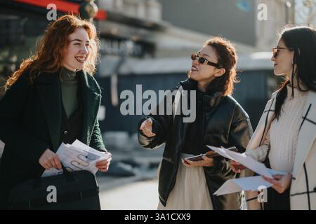 Three women collaborating outdoors in a business setting with charts and documents Stock Photo