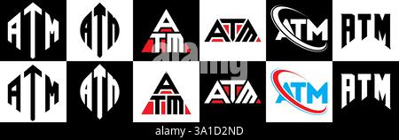 ATM letter logo design in six style. ATM polygon, circle, triangle, hexagon, flat and simple style with black and white color variation letter logo se Stock Vector