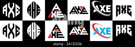 AXE letter logo design in six style. AXE polygon, circle, triangle, hexagon, flat and simple style with black and white color variation letter logo se Stock Vector