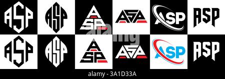 ASP letter logo design in six style. ASP polygon, circle, triangle, hexagon, flat and simple style with black and white color variation letter logo se Stock Vector