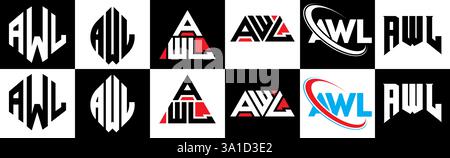 AWL letter logo design in six style. AWL polygon, circle, triangle, hexagon, flat and simple style with black and white color variation letter logo se Stock Vector