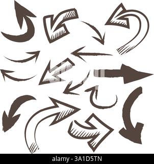 Collection of arrows with brush sketch style vector illustration. Hand drawn symbol icons set Stock Vector