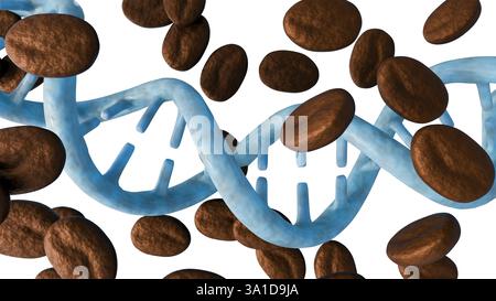 A 3D rendering depicts several scattered, roasted coffee beans ...