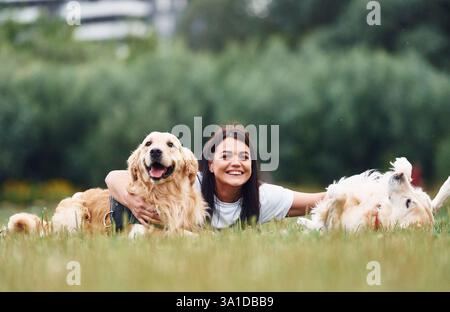 Lying down on the ground. Woman with beautiful dogs are in the field outdoors. Stock Photo