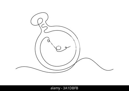 Linear drawing of a pocket watch with an arrow. The continuous contour is a symbol of time, management, deadline, morning, planning, working hours. Minimalistic design, the concept of passing time. Stock Vector
