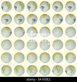 Collection of earth globes. Normal sphere view. Rotation step 10 degrees. Colored countries style. Stock Vector