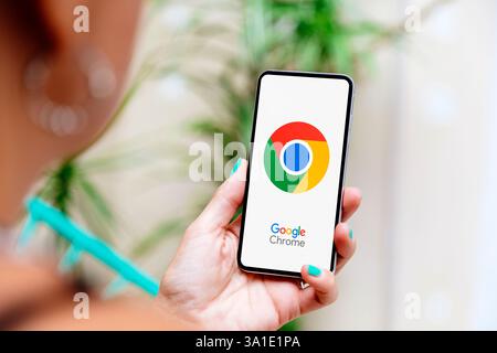 Google Chrome browser displayed on the screen of a mobile phone. Rosario, Argentina - March 3, 2025. Stock Photo