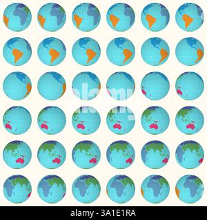 Collection of planet globes. Normal sphere view. Rotation step 10 degrees. Colored continents style. Stock Vector