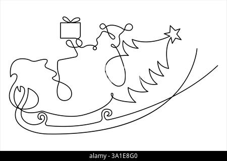 Christmas landscape continuous one line art drawing. Santa in sleigh with deer's, snowman, trees concept of Christmas vector illustrations Stock Vector
