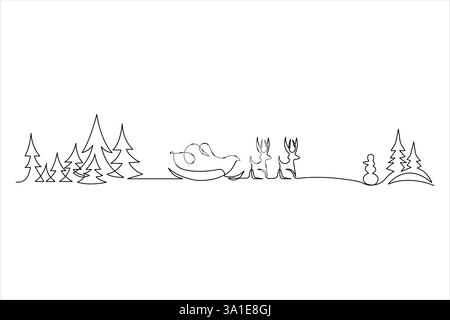 Christmas landscape continuous one line art drawing. Santa in sleigh with deer's, snowman, trees concept of Christmas vector illustrations Stock Vector
