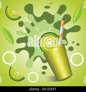 Illustration of a kiwi juice splash in a green theme. The design features a kiwi slice, a juice cup with a straw, and abstract splash effects. Stock Vector