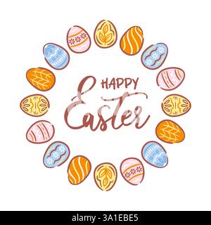 A charming round frame made of beautifully decorated Easter eggs, featuring an array of vibrant colors and patterns. This delightful illustration embo Stock Vector