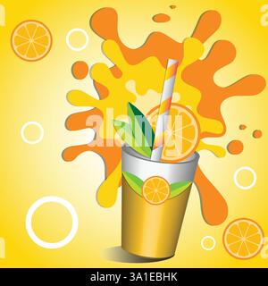 Illustration representing a citrus lemon juice splash. The bright yellow background, accompanied by orange slices, leaves, and a juice cup . Stock Vector