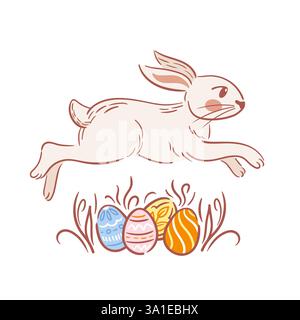 A whimsical Easter bunny leaps over a hill of colorful Easter eggs in a playful sketch style. The scene captures the joy and spirit of Easter, filled Stock Vector