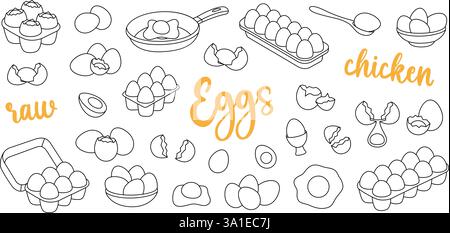 Chicken eggs outline set. Raw and boiled eggs, broken and whole eggshells, protein and yolk, omelette. Organic farm product. Vector illustration. Stock Vector