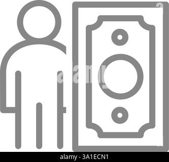 Man standing next to money bill line icon. Earning money symbol. Vector illustration. Stock Vector