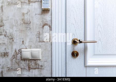 A white door with a brass handle and a white wall with a white strip of wallpaper. The wall has a white switch on it Stock Photo