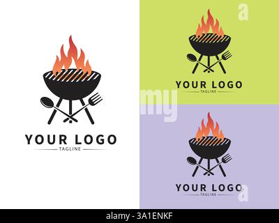 Grill Logo Design: A versatile and minimalist logo design featuring a black silhouette of a grill with flames, a spoon and fork. The design is suitabl Stock Vector
