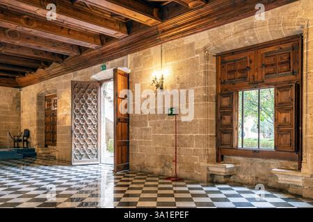 Interior La Lonja de la Seda with Historic Hallway and Checkered Floor, Valencia, Spain Stock Photo
