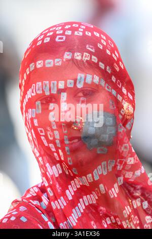 Beautiful Rajasthani woman wearing a traditional red sari Stock Photo ...