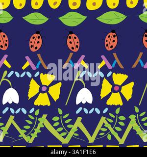 Seamless pattern with rows of natural elements; Seamless pattern with rows of ladybug , flowers, leaves; cool ethnic pattern to print Stock Vector