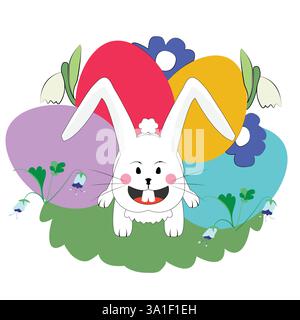 Easter rabbit in a bunch of colorful eggs; sticker print for Easter with Easter bunny in colorful eggs Stock Vector