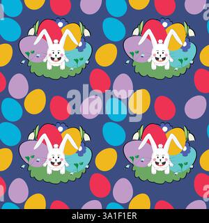 Seamless pattern with egg pile of colorful eggs with white rabbit character ; stock illustration to print on food table napkins, bandana, cover Stock Vector
