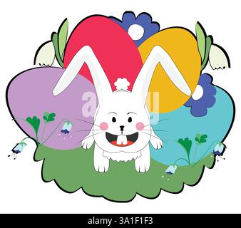 Egg pile of colorful eggs with white rabbit character; seasonal greeting with food and animal ; black contour Stock Vector