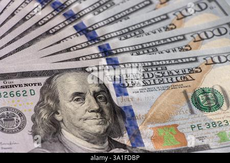 One hundred dollar bills, a bundle of US dollars Stock Photo
