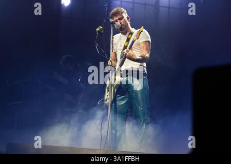Singer Dani Fernandez performs during a concert at the Movistar Arena with Yaren, on March 8, 2025, in Madrid Stock Photo