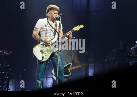 Singer Dani Fernandez performs during a concert at the Movistar Arena with Yaren, on March 8, 2025, in Madrid Stock Photo