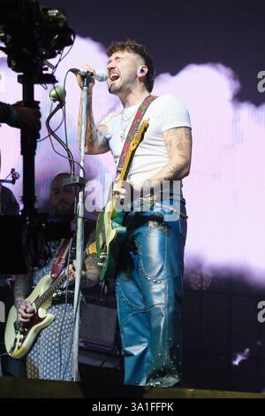 Singer Dani Fernandez performs during a concert at the Movistar Arena with Yaren, on March 8, 2025, in Madrid Stock Photo