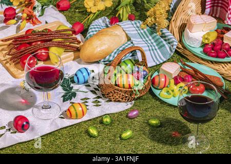 Picnic with Easter eggs, wine, bread and snacks in a meadow Stock Photo