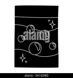 Black silhouette of laundry detergent package with floating soap bubbles symbolizing cleanliness, glyph icon flat vector illustration Stock Vector