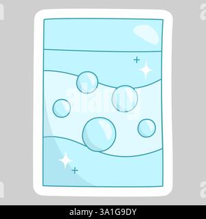 Sticker with laundry detergent package with floating soap bubbles symbolizing cleanliness, vector illustration Stock Vector