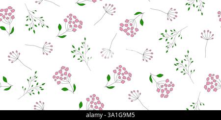 Seamless pattern featuring delicate pink flowers and green leaves, creating a charming botanical design for various applications Stock Vector