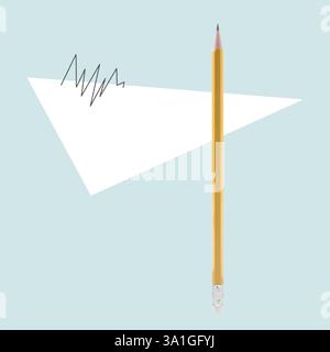 Creative poster. Yellow pencil, drawn zig-zag line and white triangle on light turquoise background Stock Photo