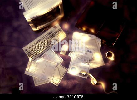 Finance, Equity share certificates computer and briefcase on finance executives desk Stock Photo