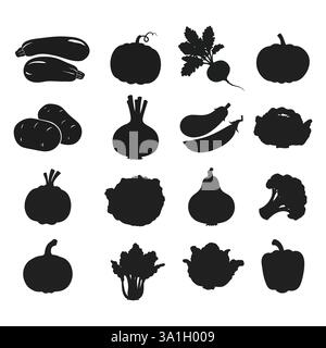 vegetable icon, black silhouettes different kind of healthy vegetables vector design  with white background Stock Vector