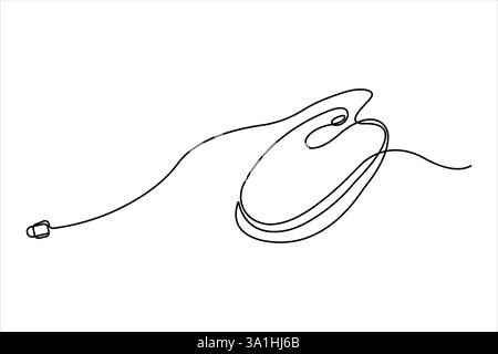 Drawn continuous one line art of computer mouse design. Vector illustration Stock Vector