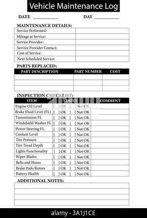 Vehicle Maintenance Log Page Template, Car Service Record Tracker, Auto Repair Checklist Stock Vector
