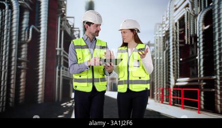 Two OSHA Safety Inspectors Using Tablet Computer During Factory Inspection Stock Photo
