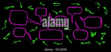 Crayon drawing speech buble set with graffiti style arrows. Collection of hand drawn chalk elements. Vector acid pink and green charcoal handwriting Stock Vector